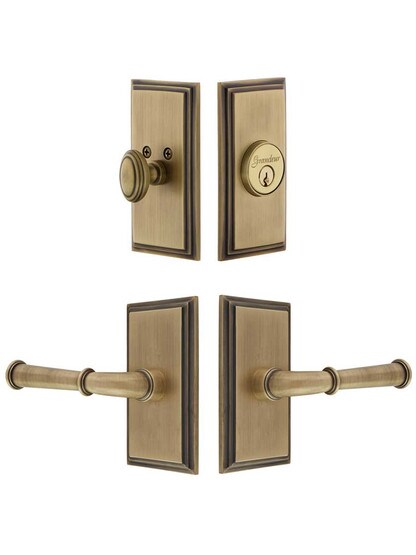 Grandeur Carre Entry Door Set, Keyed Alike with Georgetown Levers Left Handed in Antique Brass.